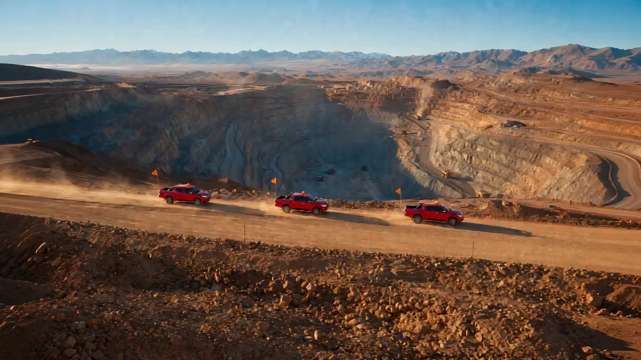 Rajo abierto en el desierto de Atacama con camionetas rojas de faena