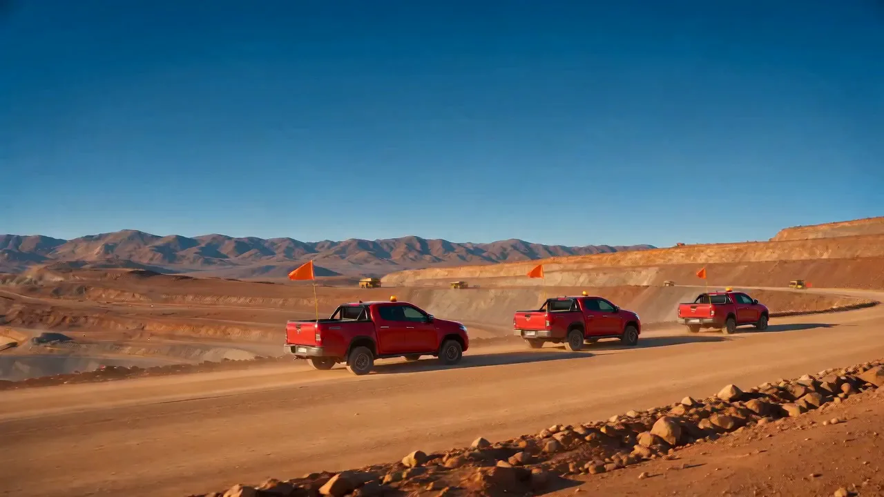 Caravana de camionetas rojas por un camino minero